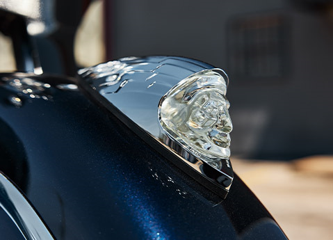 Closeup of the Indian Motorcycle badging on the front fender on a 2025 Indian Roadmaster Elite touring motorcycle.