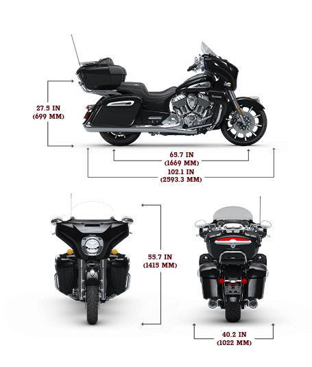 Side, front, and rear view of the 2025 Indian Roadmaster Limited with PowerBand Audio Package with height, width and length dimensions.