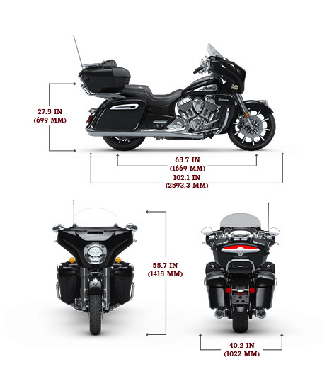Side, front, and rear view of the 2025 Indian Roadmaster Limited with height, width and length dimensions.
