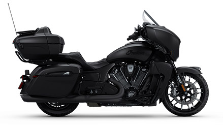 Side profile of a 2025 Indian Roadmaster PowerPlus 112 Dark Horse motorcycle in the Black Smoke colorway.