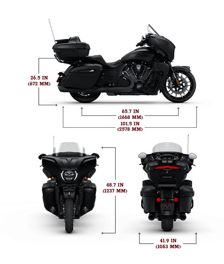 Side, front, and rear view of the 2025 Indian Roadmaster PowerPlus Dark Horse with PowerBand Audio Package with height, width and length dimensions.