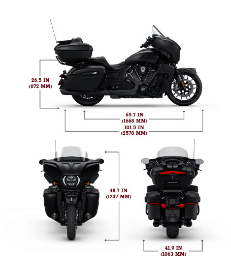 Side, front, and rear view of the 2025 Indian Roadmaster PowerPlus Dark Horse with height, width and length dimensions.