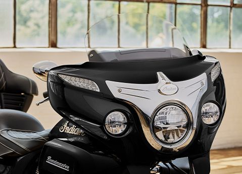 Front end and windshield on a 2025 Indian Roadmaster touring motorcycle.