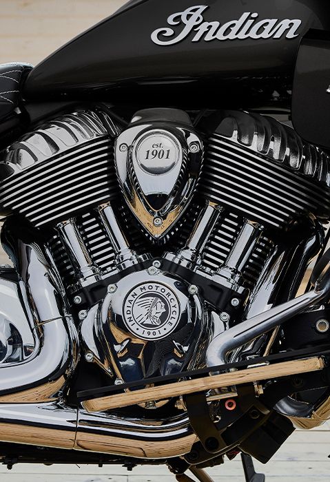 Chrome engine on a 2025 Indian Roadmaster touring motorcycle.