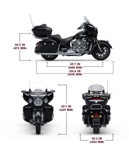 Side, front, and rear view of the 2025 Indian Roadmaster with height, width and length dimensions.