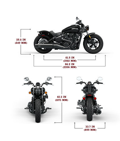 Side, front, and rear view of the 2025 Indian Scout Sixty Bobber with height, width and length dimensions.