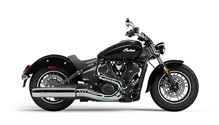 Side profile of a 2025 Indian Scout Sixty Classic motorcycle in Black Metallic.