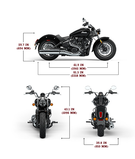 Side, front, and rear view of the 2025 Indian Scout Sixty Classic with height, width and length dimensions.