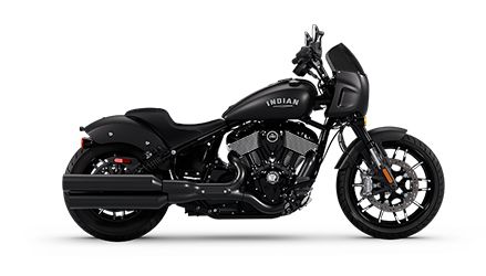 Side profile of a 2025 Indian Sport Chief cruiser motorcycle in Black Smoke.