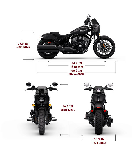 Side view of the 2025 Indian Sport Chief motorcycle with height, width and length dimensions.
