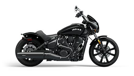 Side profile of a 2025 Indian Sport Scout Sixty cruiser-style motorcycle in Black Metallic.