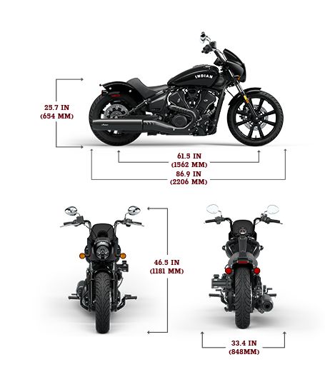 Vista lateral, frontal y trasera de la Indian Sport Scout Sixty Limited 2025 con dimensiones de altura, ancho y longitud.