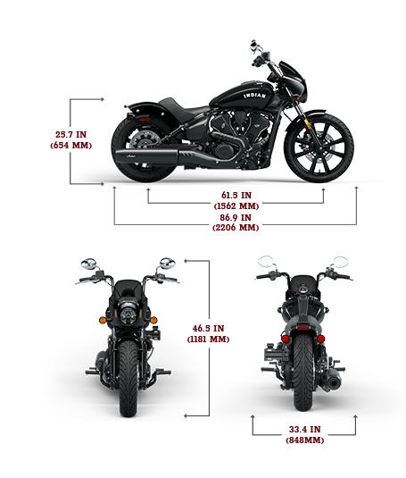Vista lateral, frontal y trasera de la Indian Sport Scout Sixty 2025 con dimensiones de altura, ancho y longitud.