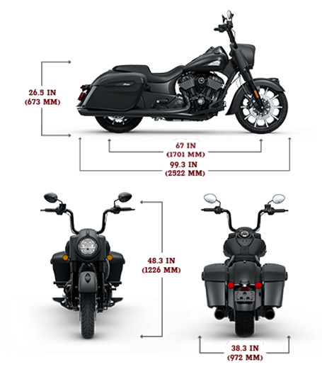 Side, front, and rear view of the 2025 Indian Springfield Dark Horse with height, width and length dimensions.