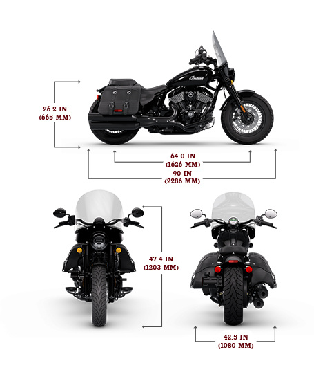 Side, front, and rear view of the 2025 Indian Super Chief Dark Horse with height, width and length dimensions.