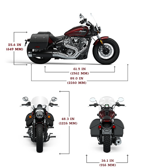 Vista lateral, delantera y trasera de la Indian Super Scout de 2025 con dimensiones de altura, ancho y longitud.