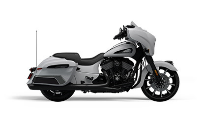 Perfil lateral de una moto Indian Motorcycle blanca que proviene de la herramienta de diseño en 3D.