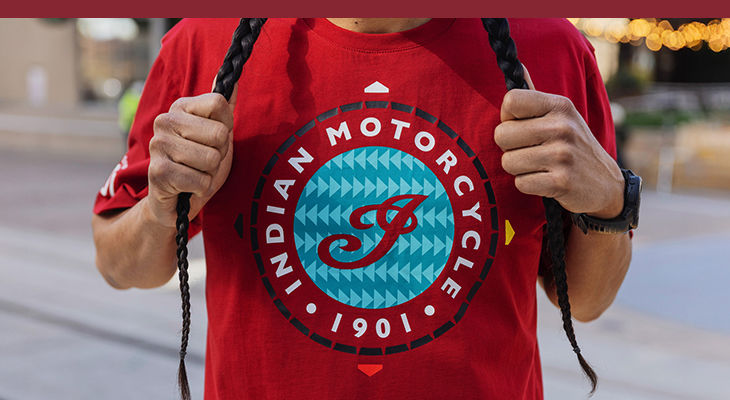 Man wearing Indian Motorycle x RVSO collaboration t-shirt. 
