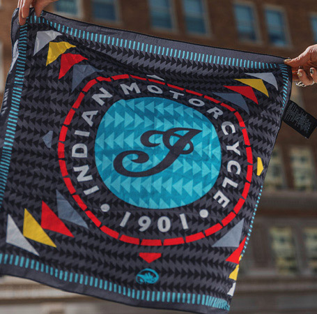 Close-up view of The Four Sacred Colors, Four Direction detail on an Indian Motorcycle x RVSO collection bandana.