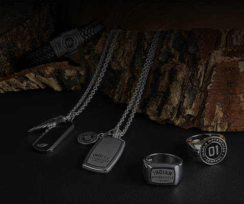 Lineup of Indian Motorcycle Steel Horse Jewelry, including rings, chains, and bracelets.
