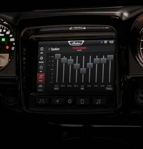 Close-up detail of the Powerband Audio dashboard experience on an Indian Motorcycle. 