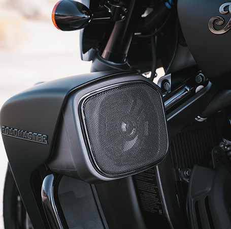 Powerband Audio system component quality detail on an Indian Roadmaster Motorcycle. 