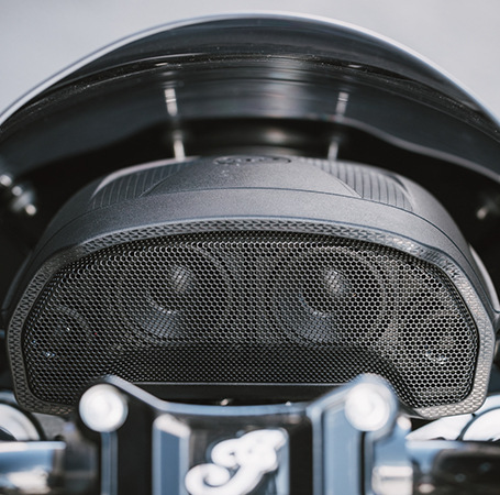 Speaker detail of a Powerband Audio system on an Indian Motorcycle. 