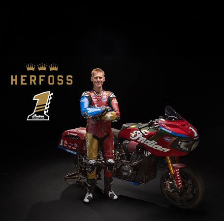Troy Herfoss, #1, King of the Baggers racer with his S&S Indian Challenger racing bike.