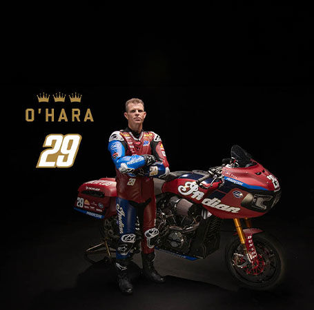 Loris Baz, #76, King of the Baggers racer with his S&S Indian Challenger racing bike.