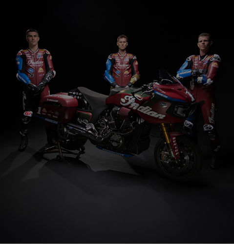 Indian Motorcycle's Wrecking Crew members: Troy Herfoss, Tyler O'Hara, and Loris Baz standing behind an Indian Challenger Motorcycle.