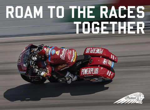 Indian Motorcycle King of The Baggers racer speeding on race track.