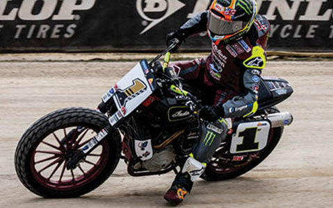 9 time flat track champion Jared Mees racing during an event on an Indian FTR750.