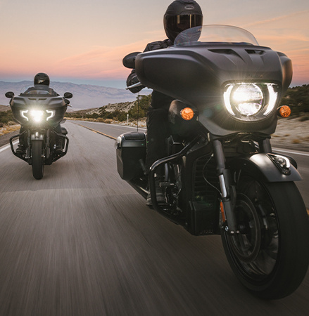 2 Indian motorcycles with PowerPlus engines being tested on a highway cruise.