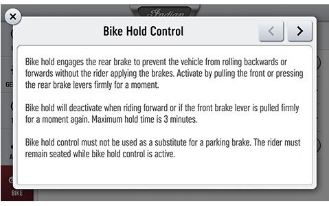 Bike hold control warning message on an Indian Motorcycle. 