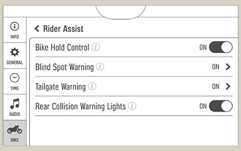 Rider assist setting dashboard on an Indian Motorcycle. 