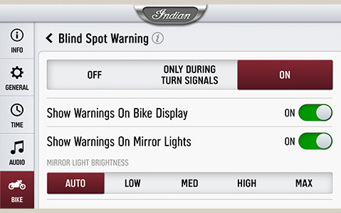 Blind spot warning settings dashboard on an Indian Motorcycle. 