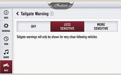 Tailgate warning settings dashboard on an Indian Motorcycle. 