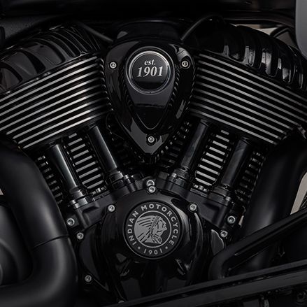 Air-cooled Thunderstroke engine on an Indian touring motorcycle.