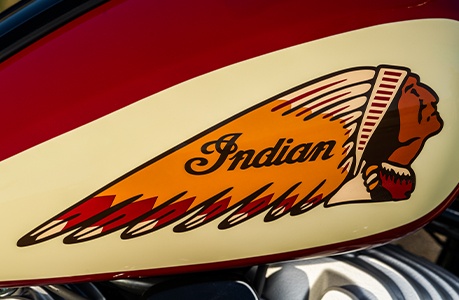 Multi-color headdress detail on a Chief Vintage Sturgis, SD Edition Indian Motorcycle.