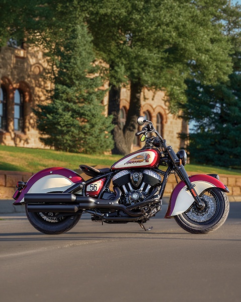 Side view of a parked Chief Vintage Sturgis, SD Edition Indian Motorcycle.