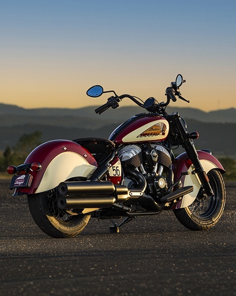Rear profile on a parked Chief Vintage Sturgis, SD Edition Indian Motorcycle.