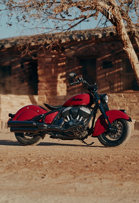 Side profile of an Indian Chief vintage cruiser motorcycle.