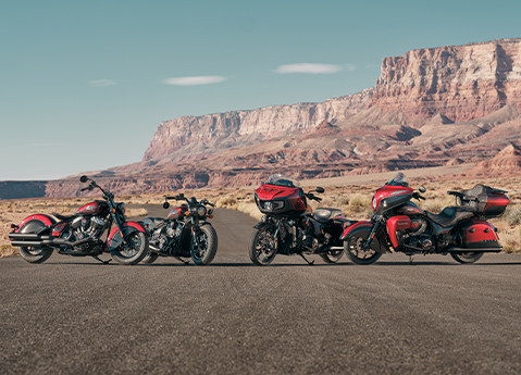 Lineup of four 125th Anniversary Edition Indian motorcycles.