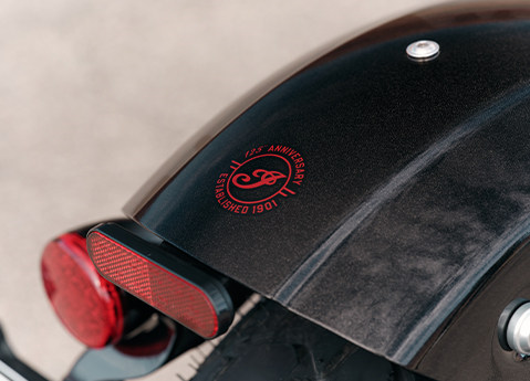 Hand painted Indian badging on the fender of a 125th Anniversary Edition motorcycle.