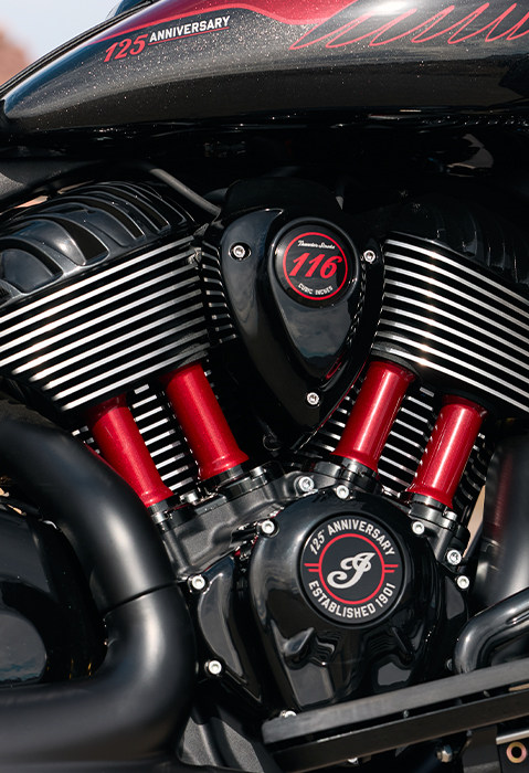 Close up of the engine on a 125th Anniversary Edition Indian motorcycle.