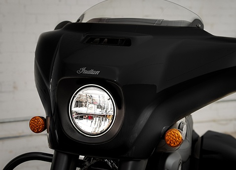 Closeup of the front end of a Indian Chieftain PowerPlus bagger motorcycle.