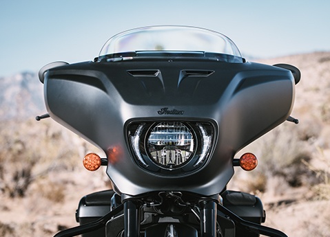 Closeup of the front end of a Indian Chieftain bagger motorcycle.