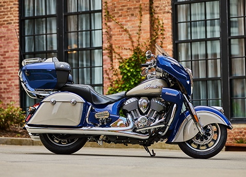 Side profile of an Indian Roadmaster touring motorcycle.