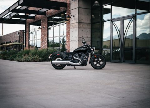 Side profile of an Indian Scout Sixty mid-size cruiser motorcycle.