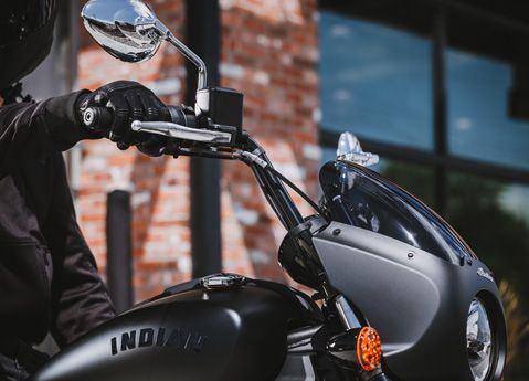 Closeup of the handlebars and hand controls on an Indian Scout Sixty mid-size cruiser motorcycle.